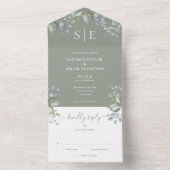 Monogram Bloemen Groen Sage Groen Bruiloft All In One Uitnodiging (Binnen)