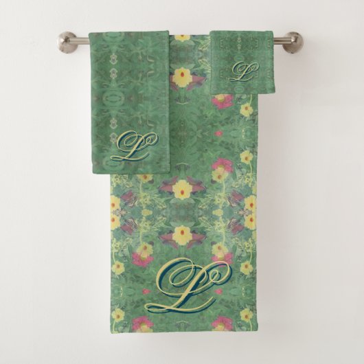 Monogram Bloemen Groene Badhanddoek Set Bad Handdoek (Insitu)