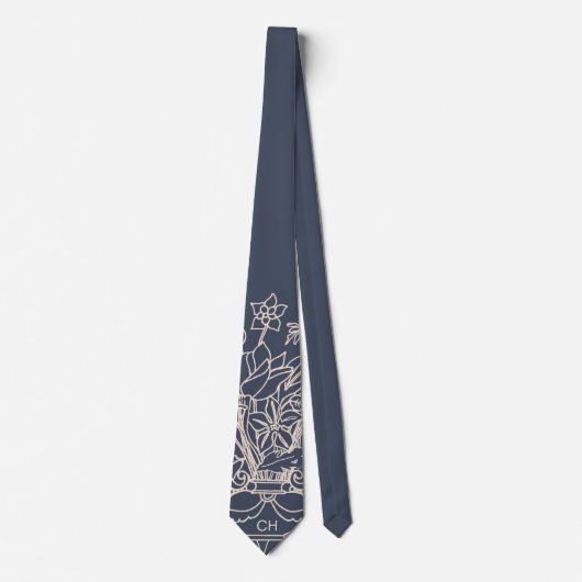 Monogram Bloemen Hand getrokken Poeder Marine Beig Stropdas (Voorkant)