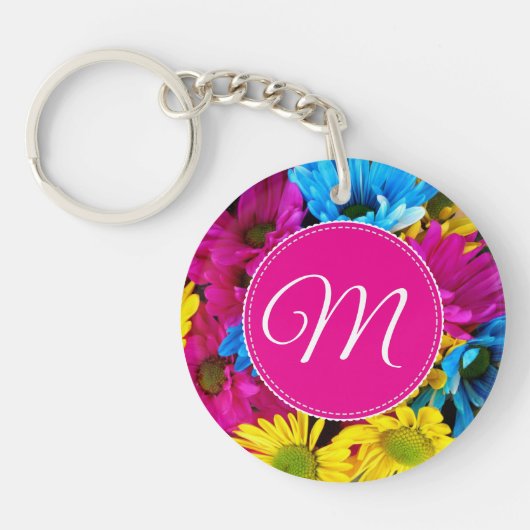 Monogram bloemen in fluorescentiekleuren sleutelhanger (Voorkant)