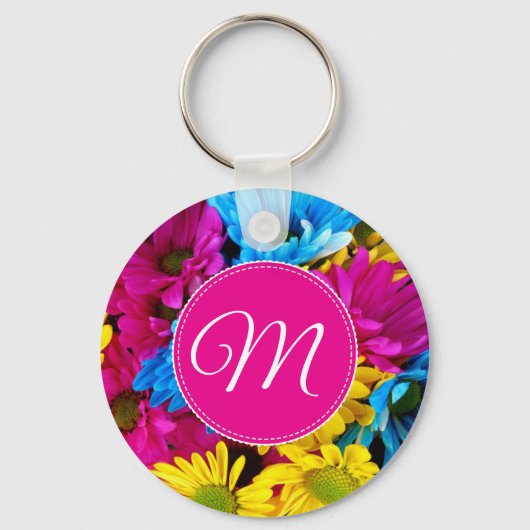 Monogram bloemen in fluorescentiekleuren sleutelhanger (Voorkant)