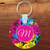Monogram bloemen in fluorescentiekleuren sleutelhanger (Achterkant)