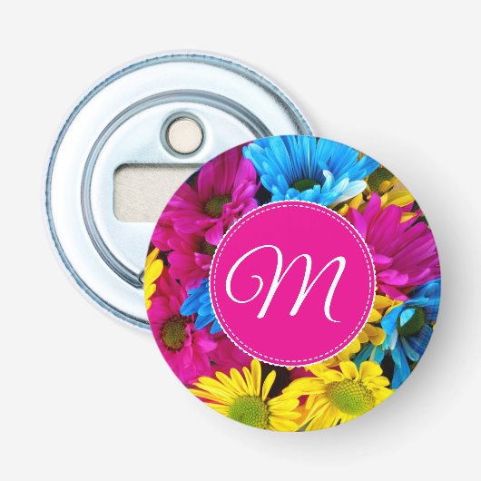Monogram Bloemen in Fluorescerende Kleuren Button Flesopener (Voorkant)