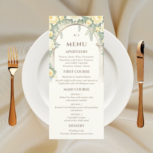 Monogram Bloemen Italiaans Boog Trouwmenu Menu