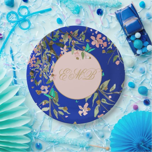Monogram Bloemen Navy Roze Elegant Goud Verjaardag Papieren Bordje (Feest)