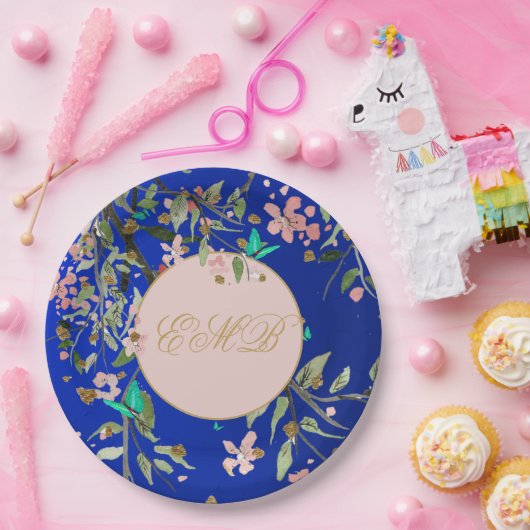 Monogram Bloemen Navy Roze Elegant Goud Verjaardag Papieren Bordje (Feest)