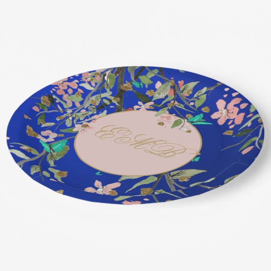 Monogram Bloemen Navy Roze Elegant Goud Verjaardag Papieren Bordje (Gekanteld)