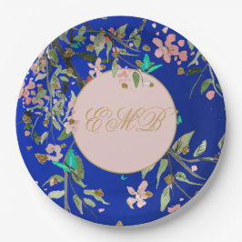 Monogram Bloemen Navy Roze Elegant Goud Verjaardag Papieren Bordje