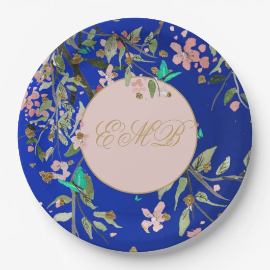 Monogram Bloemen Navy Roze Elegant Goud Verjaardag Papieren Bordje (Voorkant)