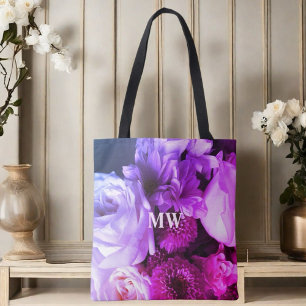 Monogram bloemen roze paars blauwe boeket foto tote bag
