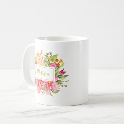 monogram bloemen Roze Paarse Mok (Voorkant links)