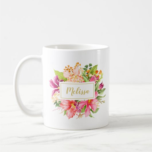 monogram bloemen Roze Paarse Mok (Links)