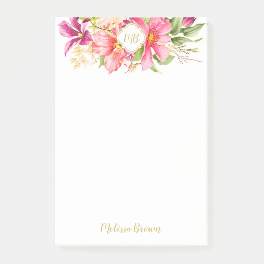 Monogram bloemen Roze Paarse Post-it Nota's Post-it® Notes (Voorkant)