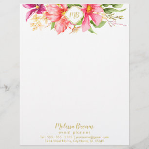 Monogram  bloemen Roze pastel Letterhead Briefhoofd Sjabloon