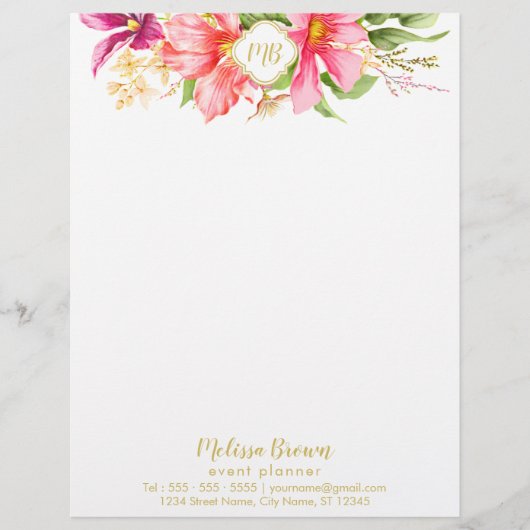 Monogram  bloemen Roze pastel Letterhead Briefhoofd Sjabloon (Voorkant)
