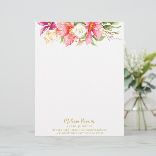 Monogram  bloemen Roze pastel Letterhead Briefhoofd Sjabloon (Staand voorkant)