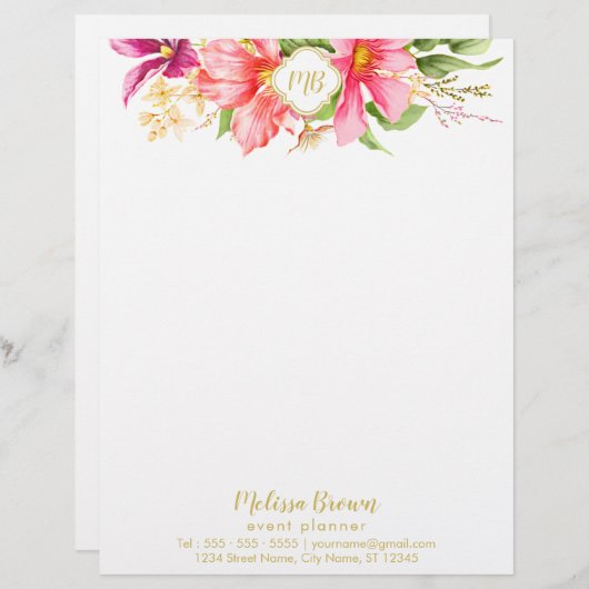 Monogram  bloemen Roze pastel Letterhead Briefhoofd Sjabloon (Voorkant / Achterkant)