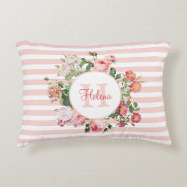 Monogram  bloemen Roze Stripes Accent Kussen