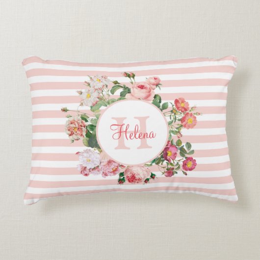 Monogram  bloemen Roze Stripes Accent Kussen (Voorkant)