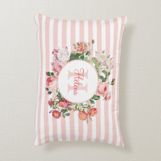 Monogram  bloemen Roze Stripes Accent Kussen (Achterkant (Verticaal))