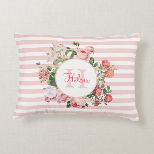 Monogram  bloemen Roze Stripes Accent Kussen (Achterkant)