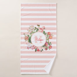Monogram  bloemen Roze Stripes Badhanddoek