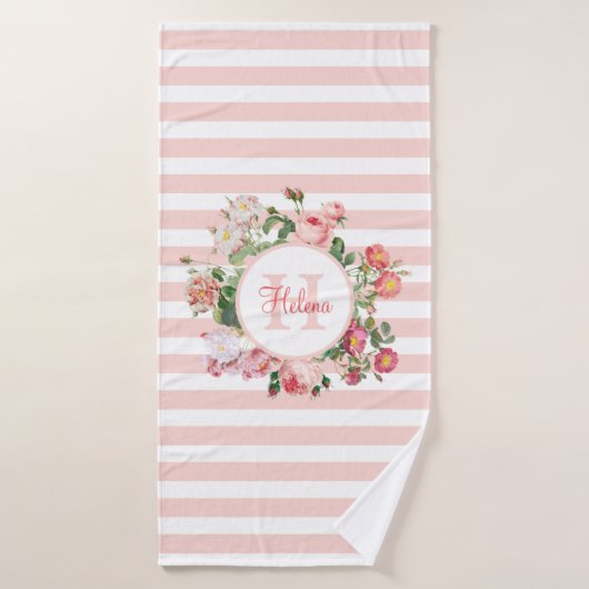 Monogram  bloemen Roze Stripes Badhanddoek (Badhanddoek)
