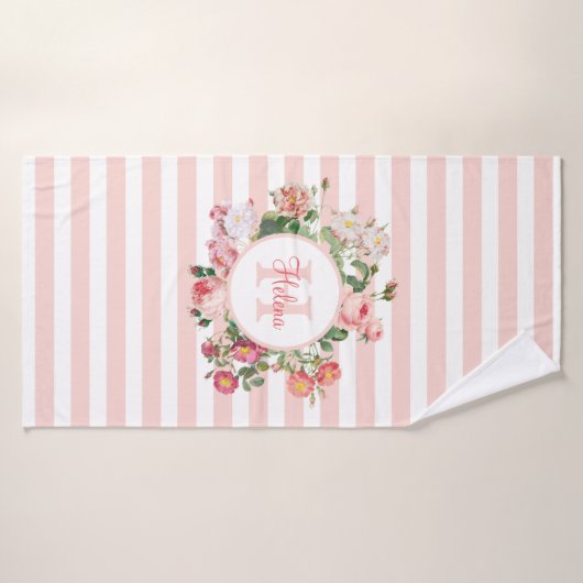 Monogram  bloemen Roze Stripes Badhanddoek (Badhanddoek)