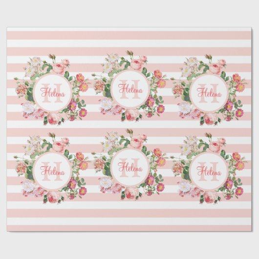 Monogram  bloemen Roze Stripes Cadeaupapier (Vlak)