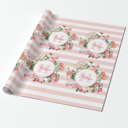 Monogram  bloemen Roze Stripes Cadeaupapier (Uitgerold)