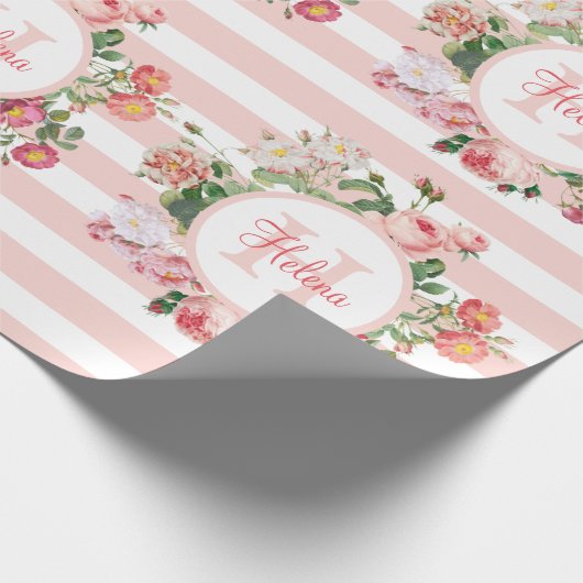 Monogram  bloemen Roze Stripes Cadeaupapier (Hoek)