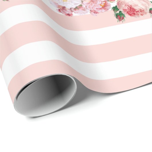 Monogram bloemen Roze Stripes Cadeaupapier (Rol Hoek)