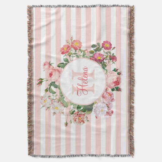 Monogram bloemen Roze Stripes Deken (Voorkant Verticaal)