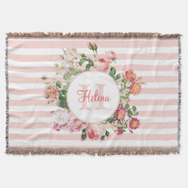 Monogram  bloemen Roze Stripes Deken