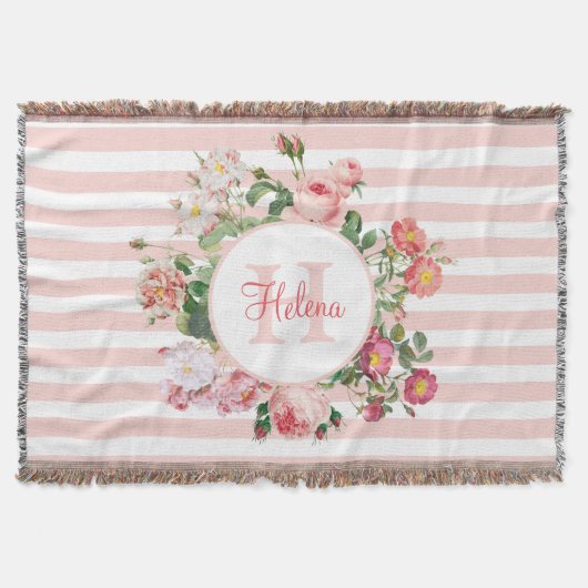 Monogram  bloemen Roze Stripes Deken (Voorkant)