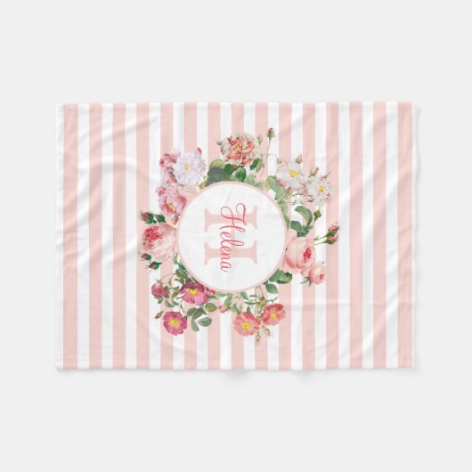 Monogram  bloemen Roze Stripes Fleece Deken (Voorkant (Horizontaal))
