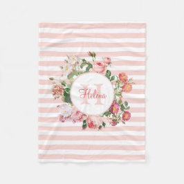 Monogram  bloemen Roze Stripes Fleece Deken