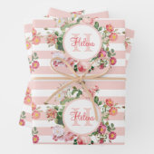 Monogram bloemen Roze Stripes Inpakpapier Vel (In situ)