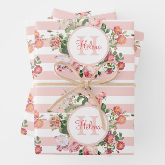 Monogram bloemen Roze Stripes Inpakpapier Vel (In situ)