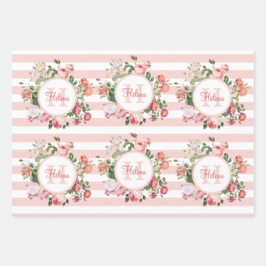 Monogram bloemen Roze Stripes Inpakpapier Vel (Voorkant)