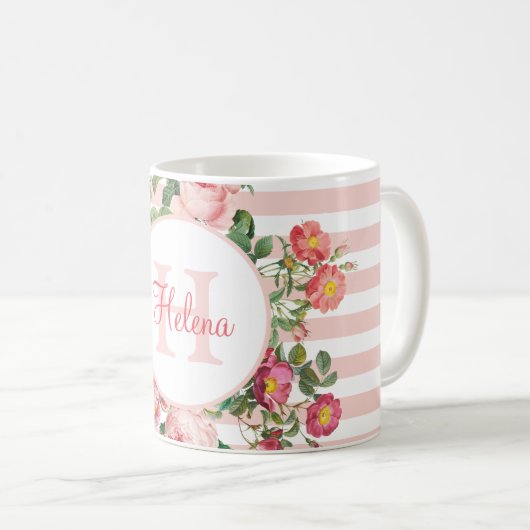 Monogram  bloemen Roze Stripes Koffiemok (Voorkant rechts)