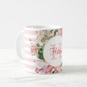 Monogram  bloemen Roze Stripes Koffiemok (Voorkant links)