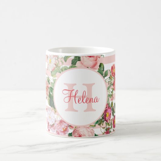 Monogram  bloemen Roze Stripes Koffiemok (Center)