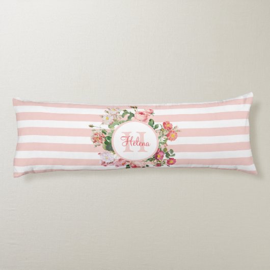 Monogram  bloemen Roze Stripes Lichaamskussen (Achterkant)