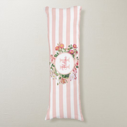 Monogram  bloemen Roze Stripes Lichaamskussen (Voorkant Verticaal)