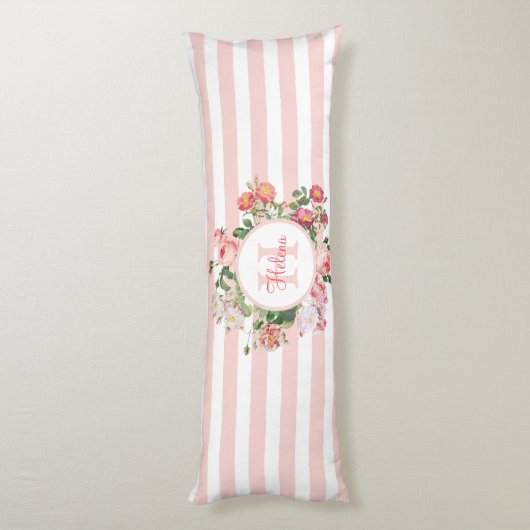 Monogram bloemen Roze Stripes Lichaamskussen (Achterkant (Verticaal))
