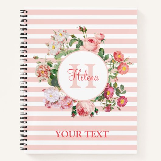 Monogram  bloemen Roze Stripes Notitieboek (Voorkant)