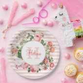 Monogram  bloemen Roze Stripes Papieren Bordje (Feest)