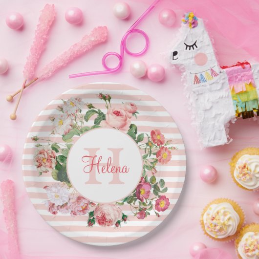 Monogram  bloemen Roze Stripes Papieren Bordje (Feest)