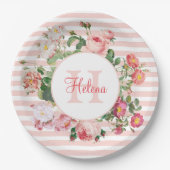 Monogram  bloemen Roze Stripes Papieren Bordje (Voorkant)